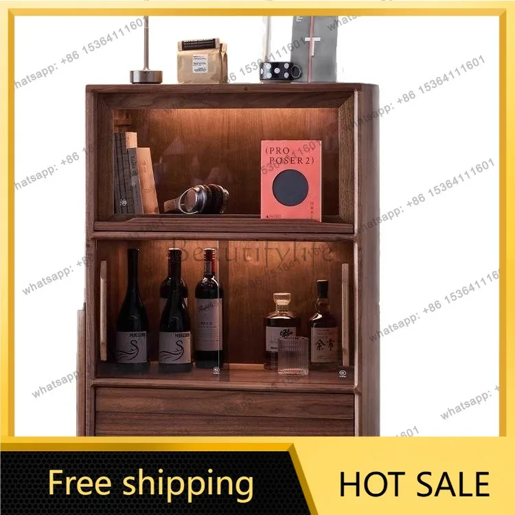LS New Walnut-Colored Solid Wood Dresser Living Room Light Luxury Sofa Glass Storage Storage Cabinet