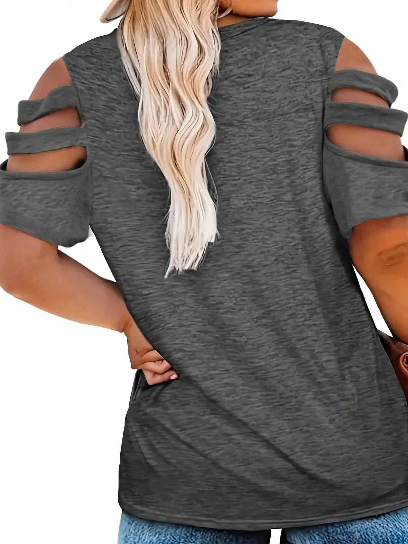 Women Fashion Plus Size 1XL-5XL V-neck Summer Hollow Shoulder Exposed T-shirt Summer Loose Top Short Sleeved Casual T-shirt