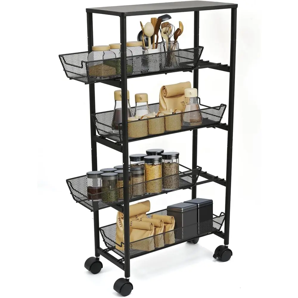 

5-Tier Slim Storage Cart with Wheels, Rolling Utility Cart with 4 Pull-Out Mesh Baskets or Kitchen, Bathroom & Laundry (Black)