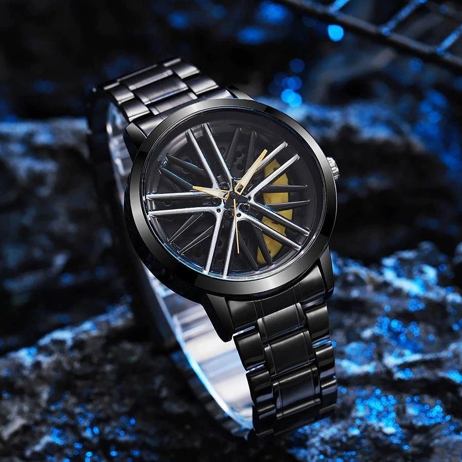 New Fashion Man Rotate Watches Men Car Wheel Hub Stainless Steel Quartz Watch For Mens Military Sports Hollow Watch Reloj Hombre