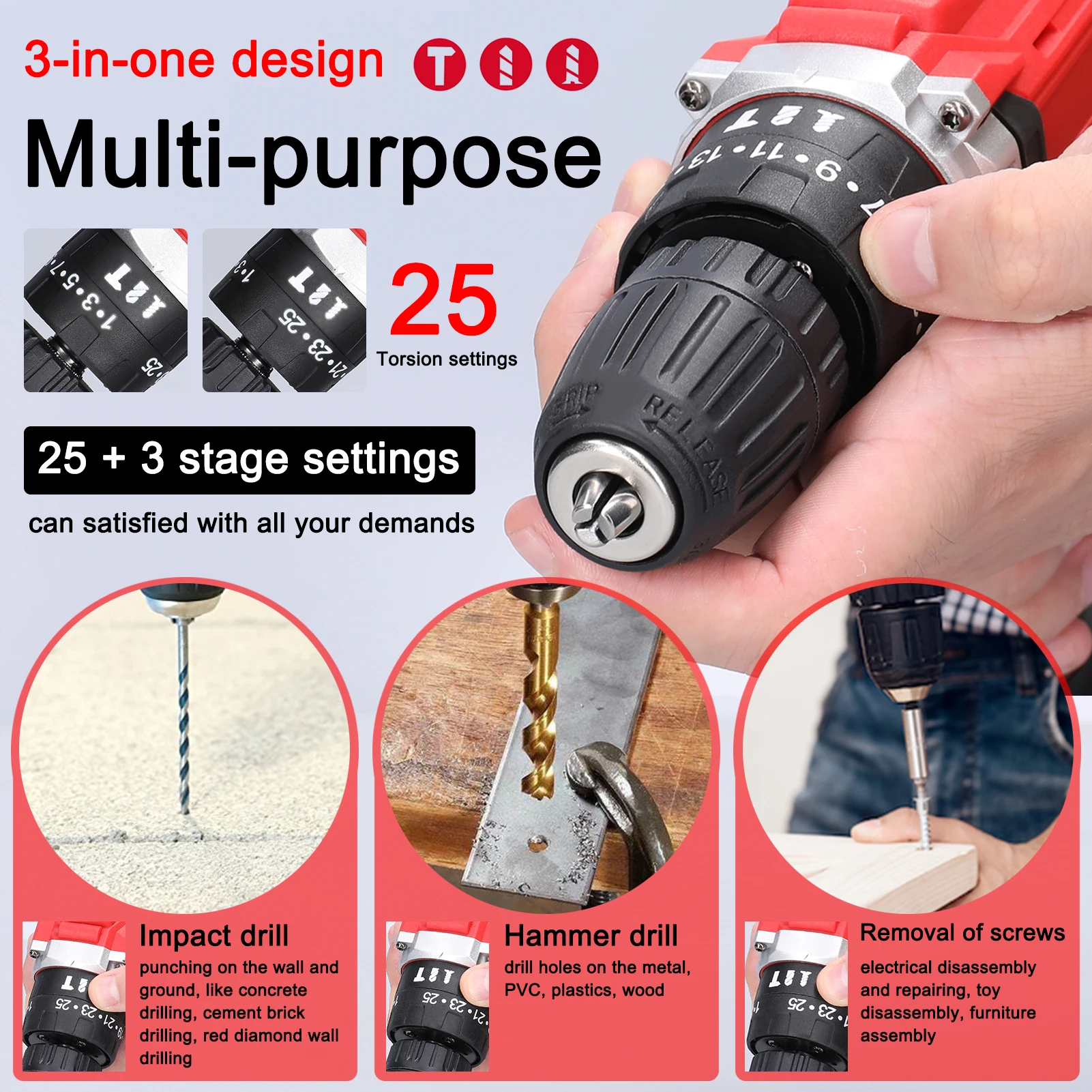 

21V Electric Drill Brushless Motor 2 Speeds Control Stepless Speed Regulation Rotation Ways 25 Gears of Torques Adjustable Drill