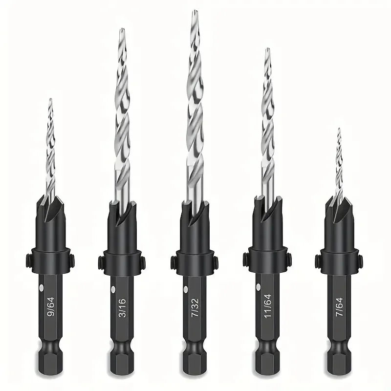 Tapered Drill Bits Counter Sinker Set Countersink Drill Bit 1/4" Hex Shank with Tapered Point Pilot Drill for Woodworking