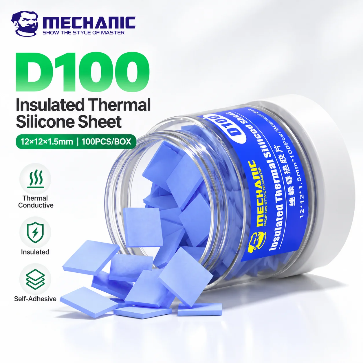 MECHANIC D100 100Pcs Thermal Silicone Pad 12x12x1.5mm Insulated Heat Conductive Sheet for CPU SSD RAM Phone Motherboard Repair