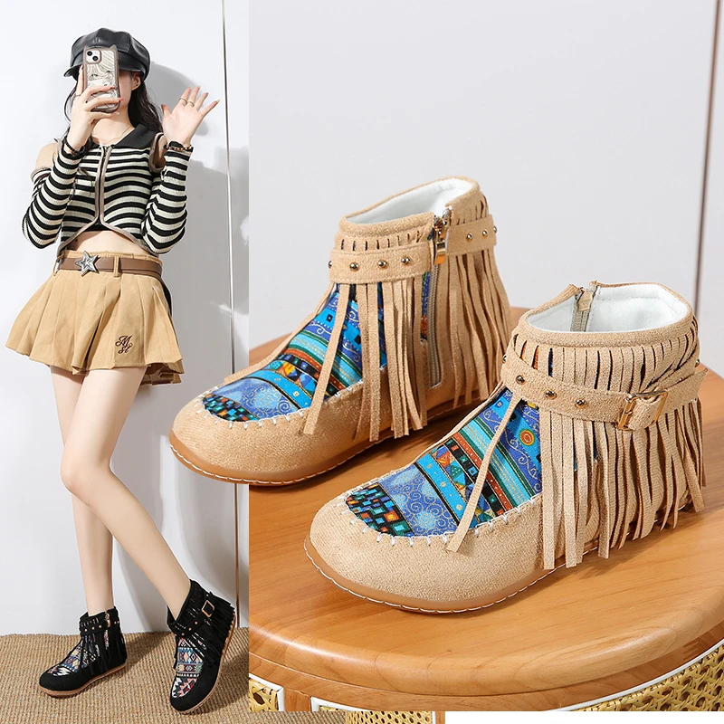 

Women Bohemian Shoes Tassels Cotton Linen Canvas Vintage Ethnic Style Rivet Woven Round Toe Ankle Boots Woman Flats Size 43