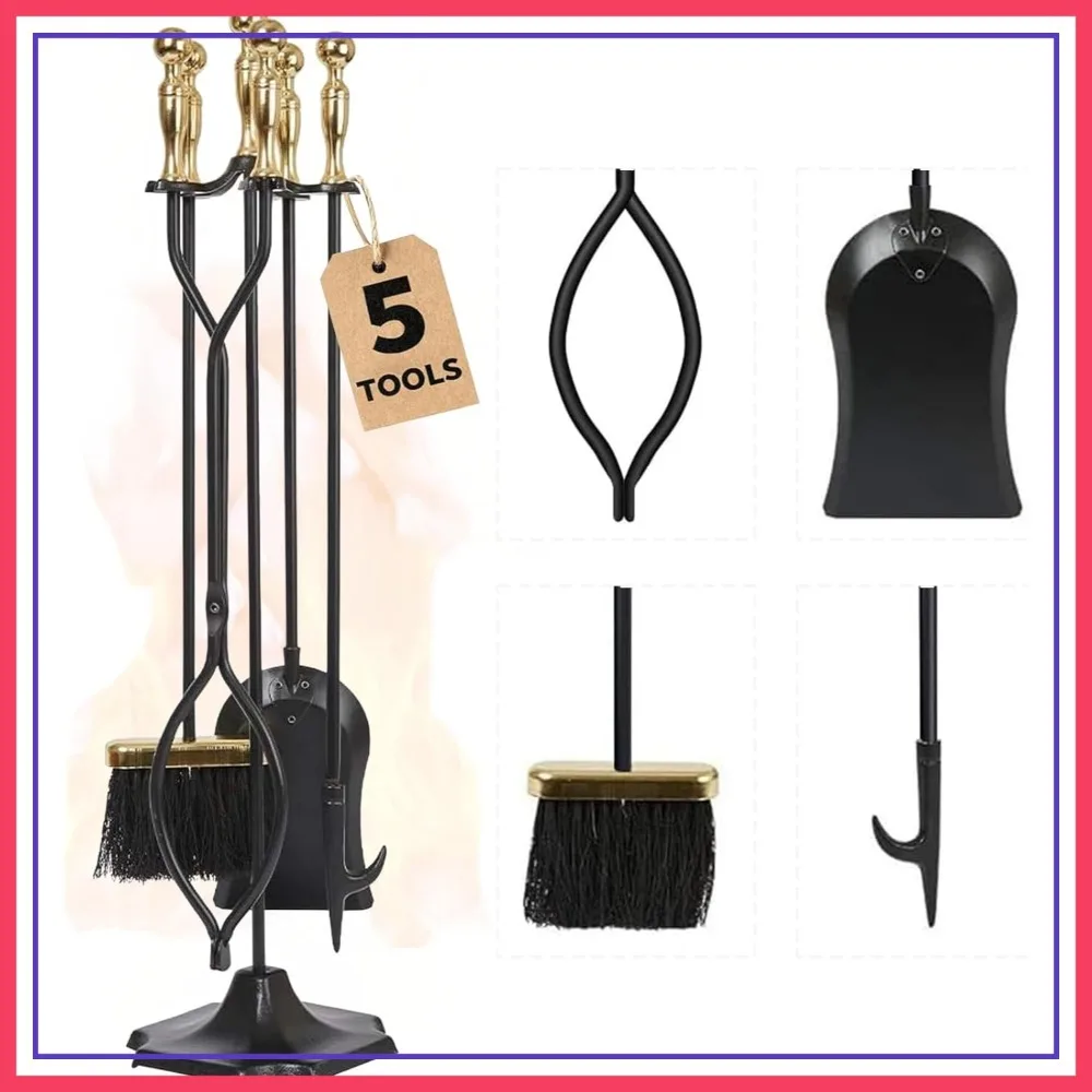 

5-Piece Fireplace Tools Set with Stand, Wrought Iron Log Holder, Tongs, Shovel, Brush & Poker for Indoor Outdoor Fire Pit