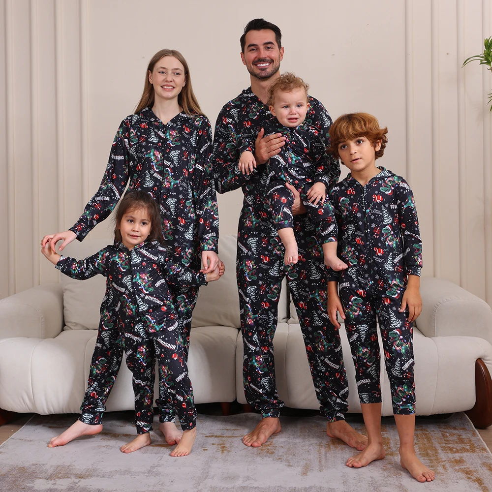 2026 All Candy Cane Print Family Matching Outfits Zipper Elk Ear Hooded Onesie Romper Xmas Pyjamas Jumpsuit Holiday Party Look