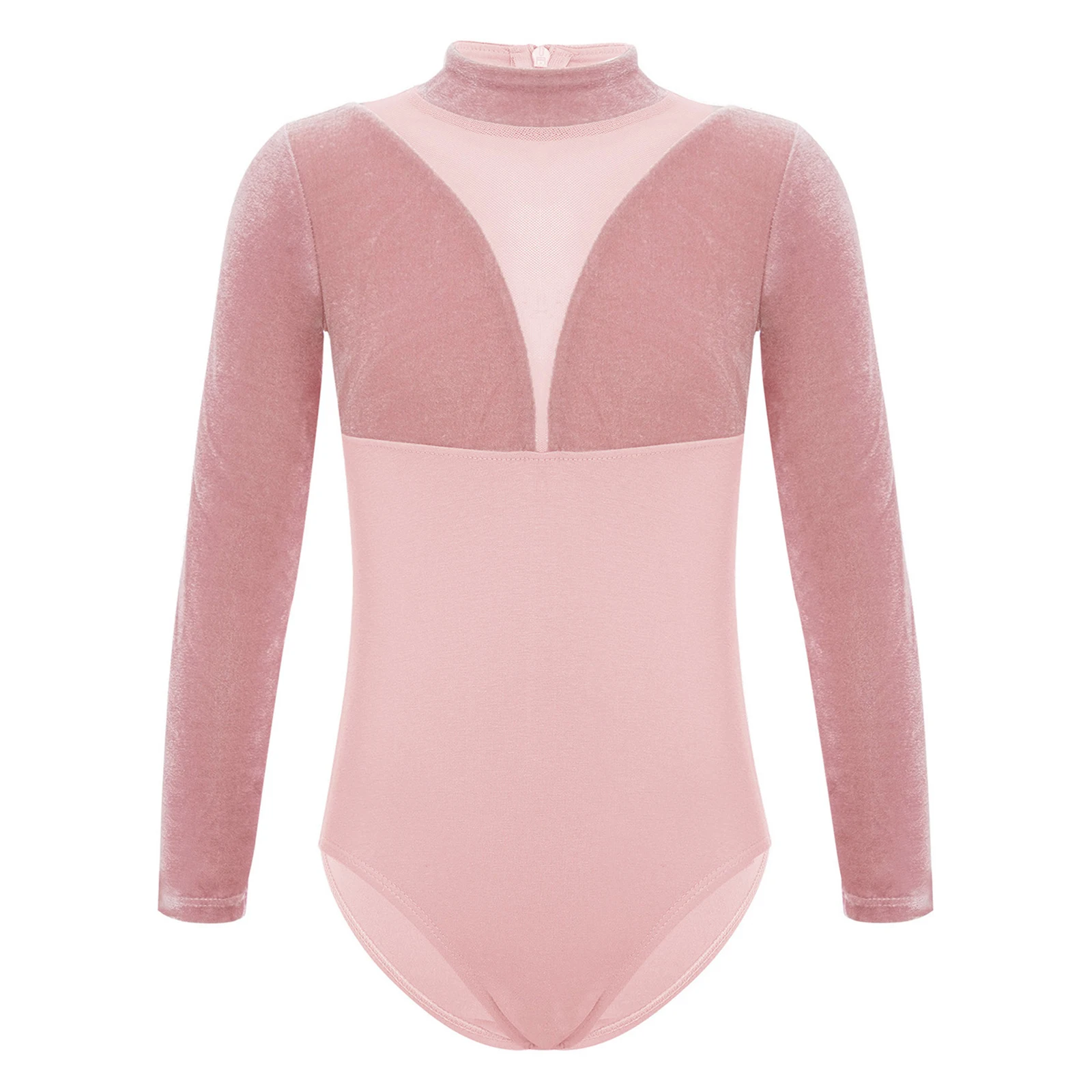 

Kids Girls Ballet Dance Leotard Mock Neck Long Sleeves Back Invisible Zipper Velvet Mesh Patchwork Cotton Bodysuit Dancewear