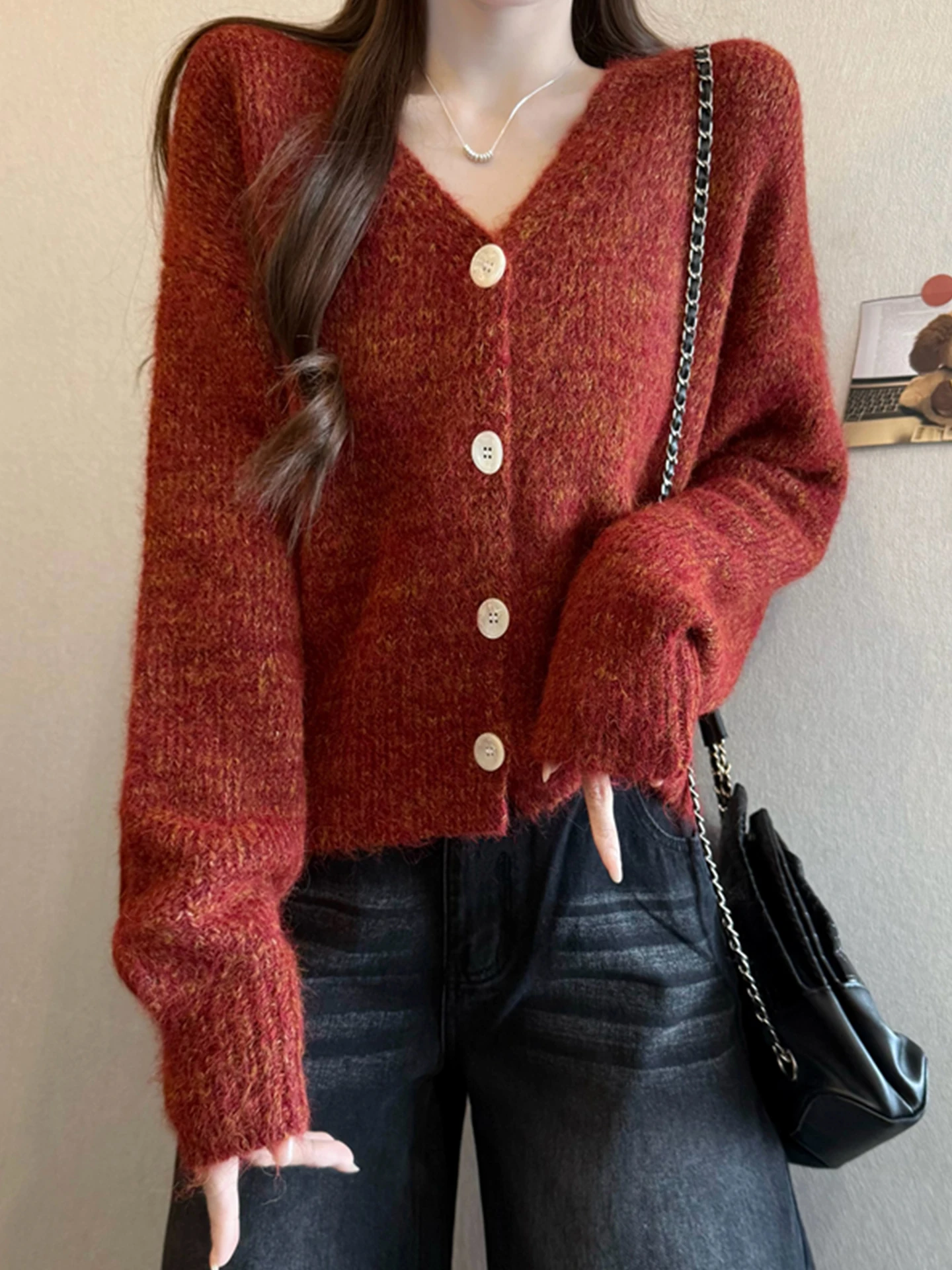 

Thiened ort Sve V-Ne Mink Velvet Sweater Coat Women's Winter New Sle Red Cisas Thi Long Sve Knitted irt