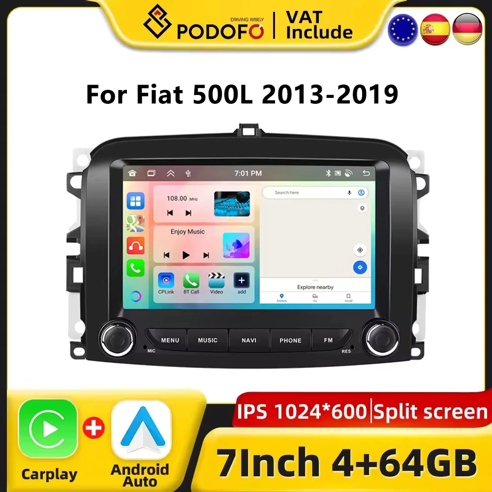 Podofo CarPlay Android Radio Per Fiat 500L 2013-2019 Auto Sistema Intelligente 2din GPS Stereo di Navigazione RDS Multimedia Autoradio