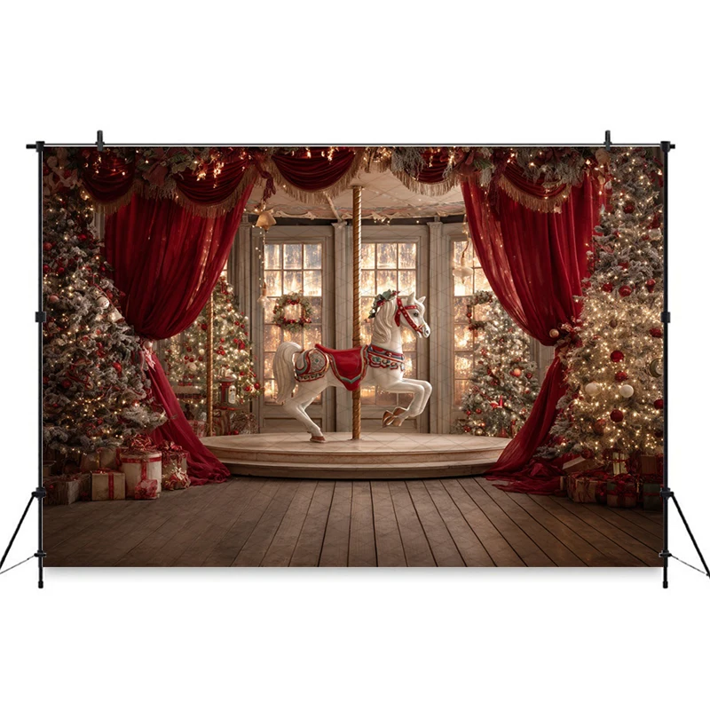 Mocsicka クリスマス写真背景新年パーティーホームツリー馬赤いカーテン装飾写真背景スタジオ壁紙