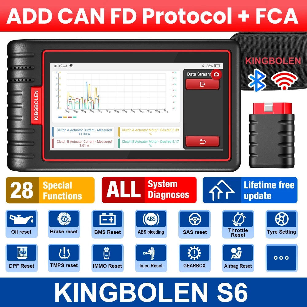 KINGBOLEN S6 OBD Automotive Scanner Bluetooth All System Car Diagnostic Tools 28 Resets IMMO/BMS/TPMS/ABS Bleeding Lifetime Free