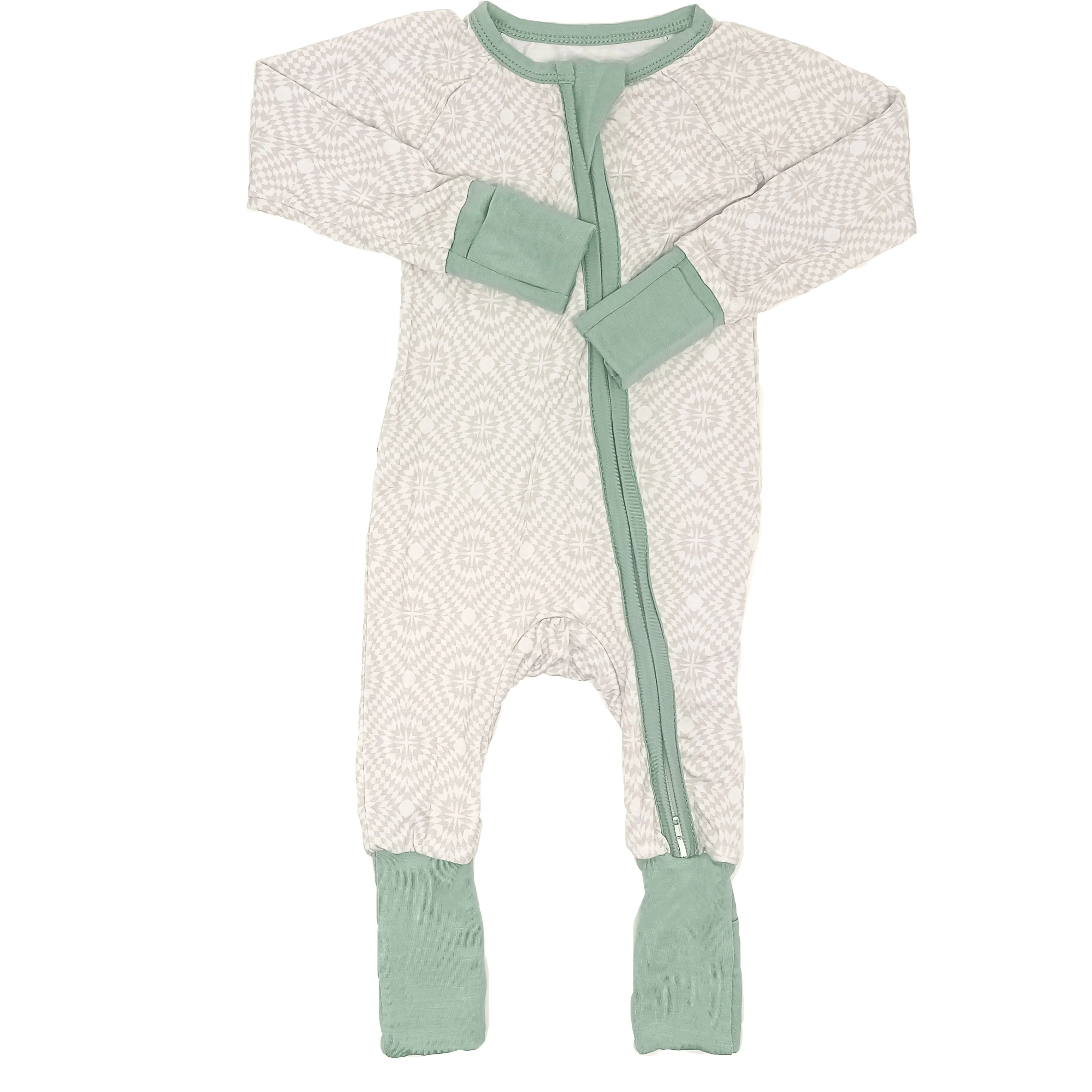 

New Design Shaped Pattern Baby Long Sleeves Rompers 95% Bamboo Viscose Spandex Double Zipper Way Baby Pajamas