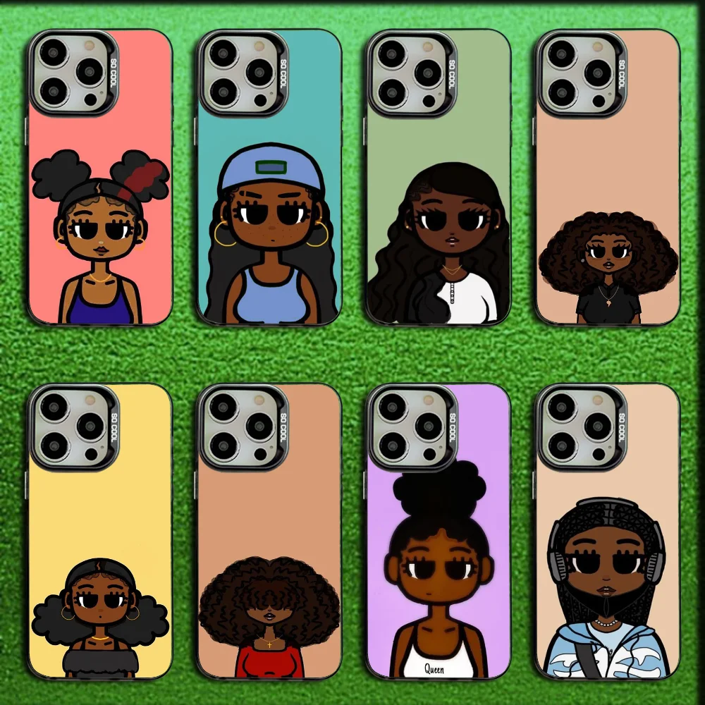 

Cartoon Afro Black Girl Phone Case For iPhone 16,15,14,13,12,11,Mini,Pro,SE,MAX Gray Matte Silicone Black Cover