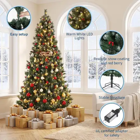 G6/7.5ft Partially Snow Flocked Christmas Tree Red Berry PVC Encrypted White Flocked Christmas Tree Large Holiday ornaments Realistic Dense Xmas Tree with Stand