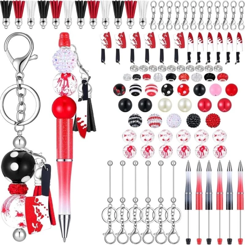W89C 86pcs Halloween موضوع الديكور القلم وسلسلة مفاتيح قابلة للخرز مجموعة للطفل هالوين هالوين ، مع شرابات جراد البحر