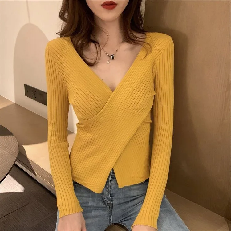 Осенне-зимние трикотажные топы, модные женские обтягивающие эластичные повседневные трикотажные рубашки с длинными рукавами и v-образным вырезом, женские пуловеры, свитера