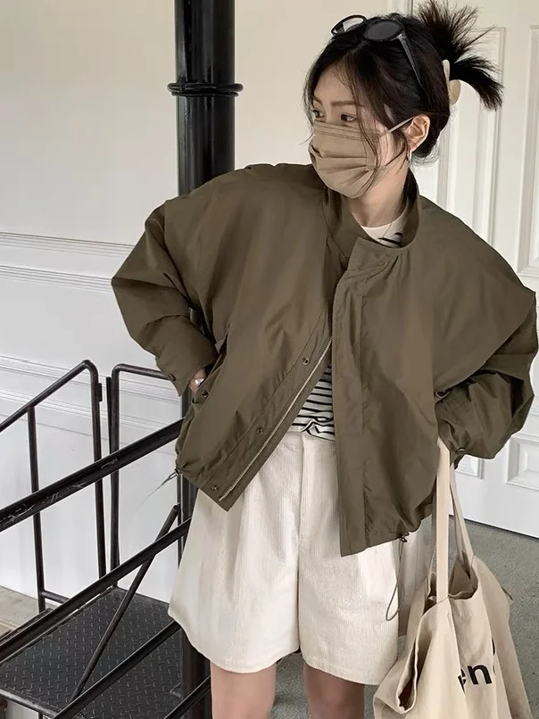 

Куртка с воротником-стойкой в американском стиле ретро, весенне-осеннее пальто на молнии, против морщин, для путешествий, Long Sve, женская верхняя одежда