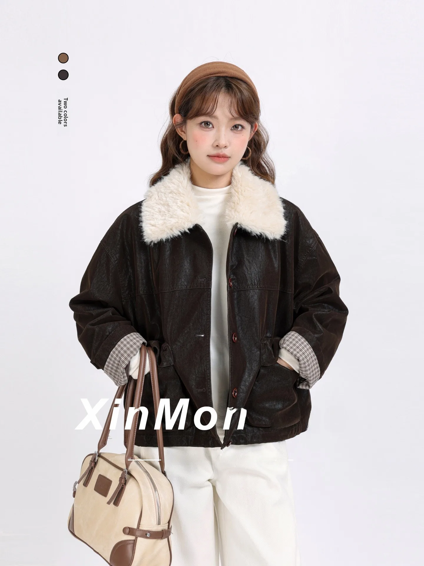 

Ретро из искусственной кожи с воротником-стойкой, тонкое зимнее пальто, корейское милое крутое байкерское пальто, теплая пушистая подкладка из искусственной кожи