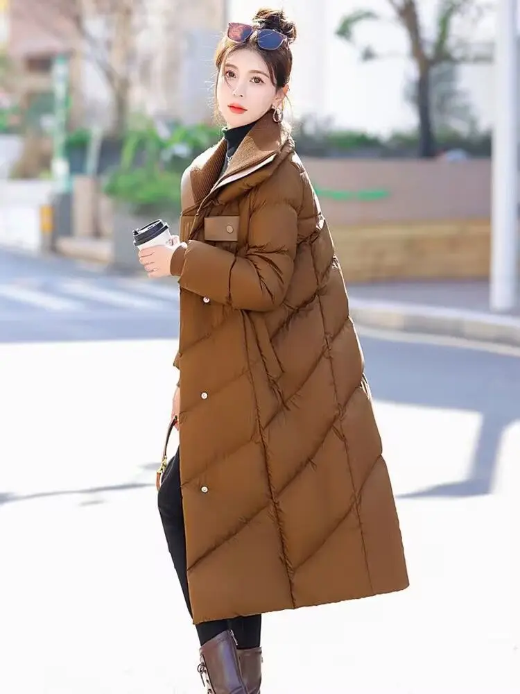 Temperament Grote reverskraag Witte eendendons Donsjack Dames Winter Nieuwe gebreide splitsen Over de knielengte Dikke jas
