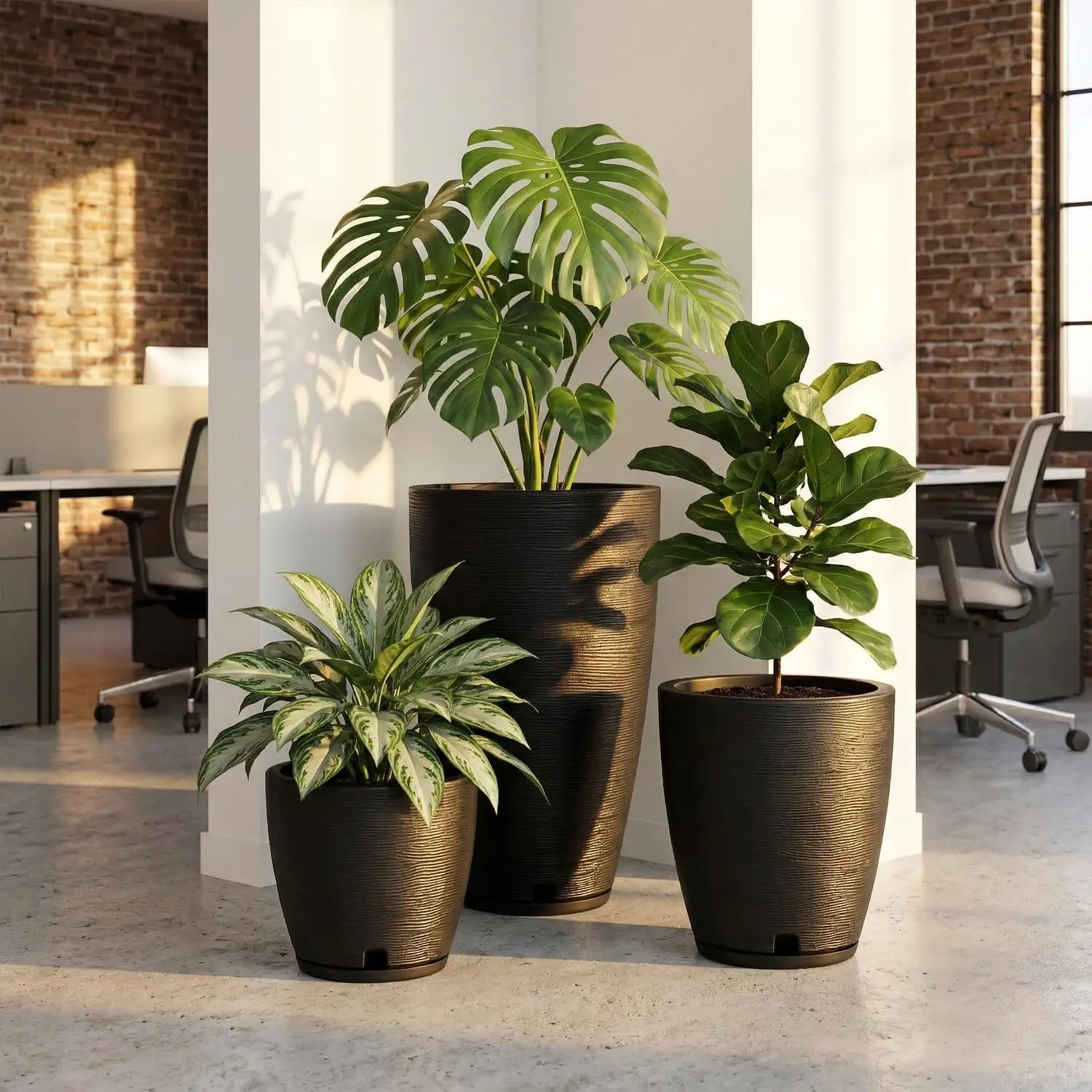 Set of 3 Black Lightweight Plastic Plant Containers 11 Inch, 17 Inch & 25 Inch Large Floor Planter Pots with Drainage Holes & Matching Drip Saucers, Dual Indoor Outdoor Plant Holders for Patio Front Porch Living Room Shrubs Flowers Greenery Decor