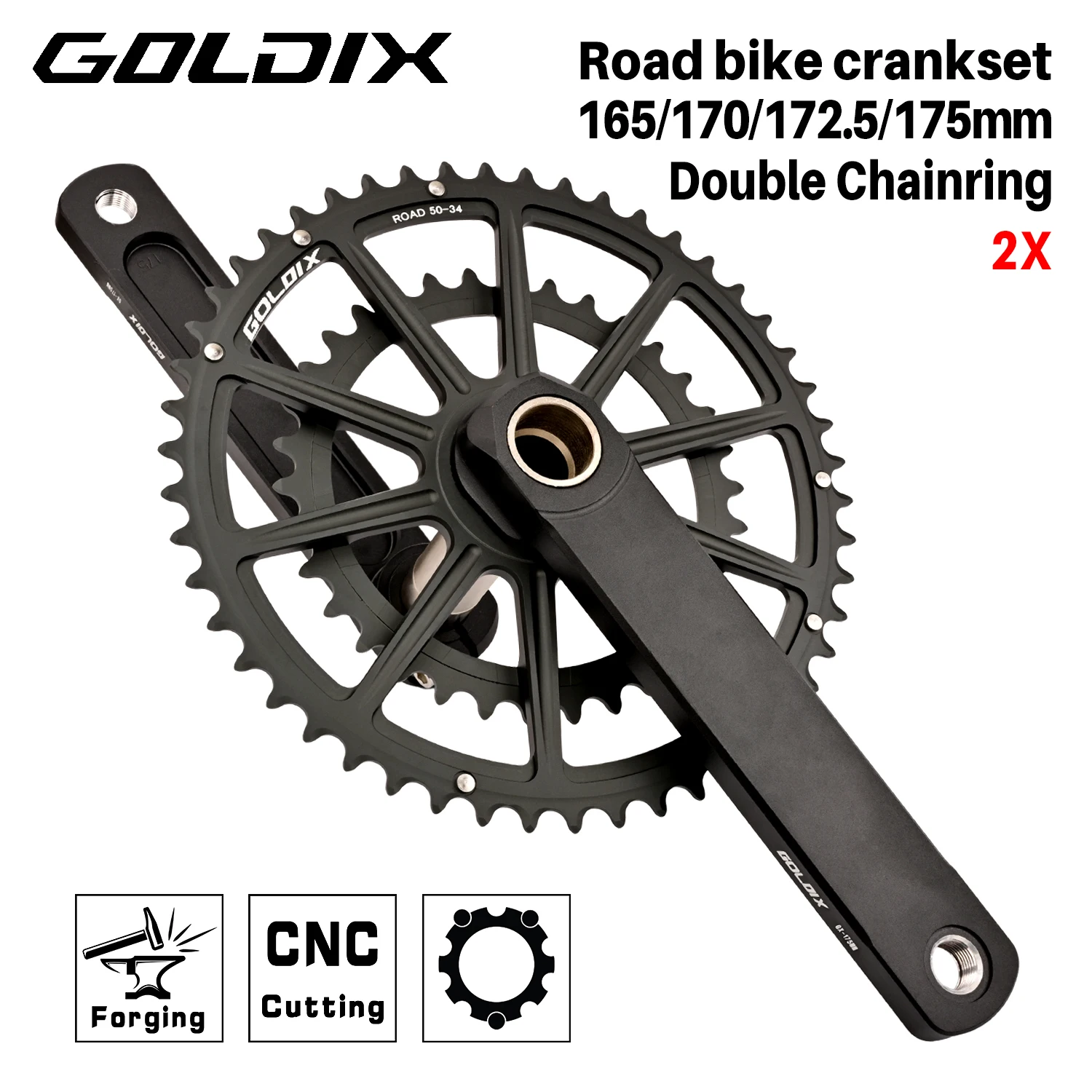 GOLDIX Rennrad-Kurbelgarnitur, 165/170/172,5/175 mm Länge, Aluminiumlegierung, geschmiedete Fahrradkurbel, Doppelkettenblatt, 50–34 Zähne/52–36 Zähne/53–39 Zähne