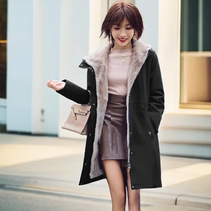 

Повседневное свободное пальто-парка из меха Haining 2025 года, теплый женский пиджак средней длины с капюшоном на флисовой подкладке и утолщенным капюшоном, пригородная куртка