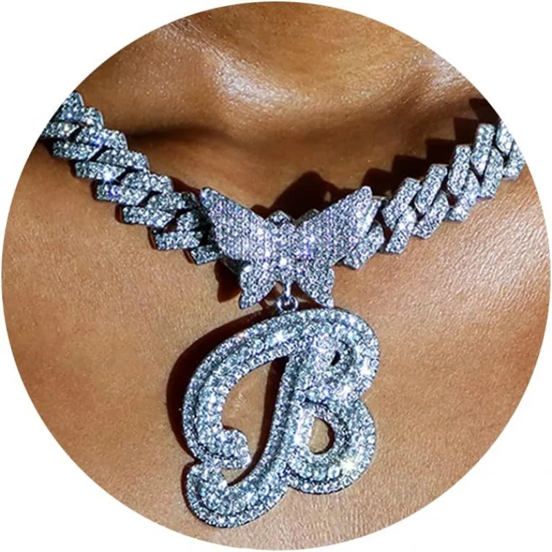 

14MM Diamond Prong Cuban Link Chain for Women - Cursive Initial Butterfly Iced Out Hip Hop Necklace Gift for Christmas Birthday