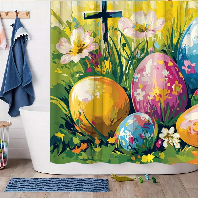 1pc Easter Eggs Shower Curtain - Colorful Floral & Cross, Whimsical Design, Polyester,  Hooks, Washable  multiple sizes
