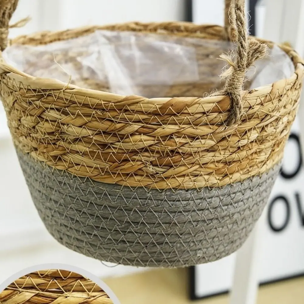 

Modern Handwoven Straw Hanging Basket Decorative Handmade Macrame Plant Storage Basket Waterproof Woven Flower Basket Garden