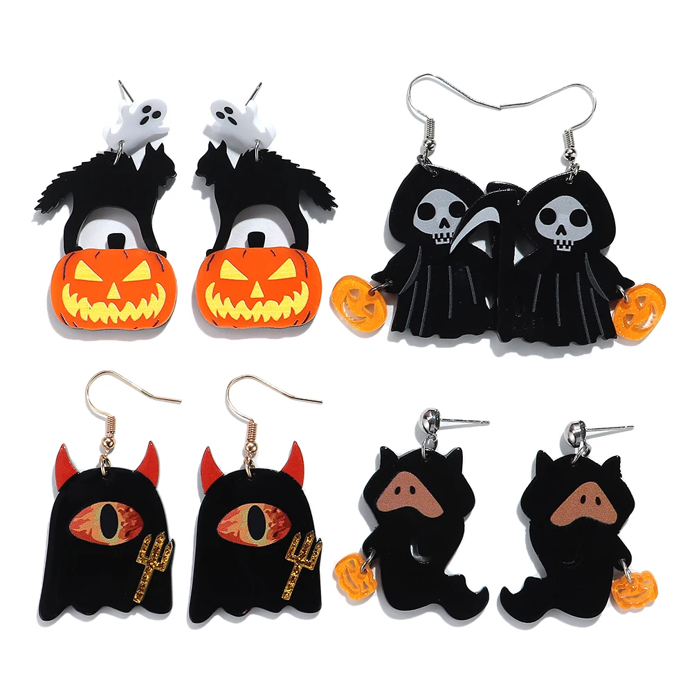 Halloween Creative Acrylic Vampire Ghost Pumpkin Drop Earrings Cute Black Cartoon Dangle Earring Party Jewelry Gifts