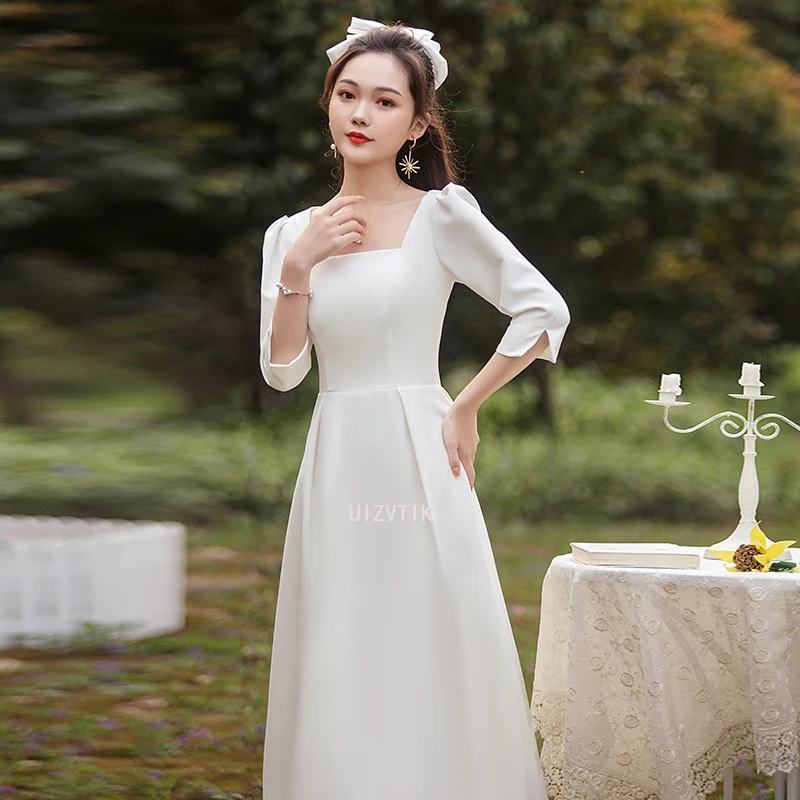 White Simple Light Wedding Dresses for Bride Elegant Square Neck Midi Prom Evening Guest Party Women Summer Formal Vestidos