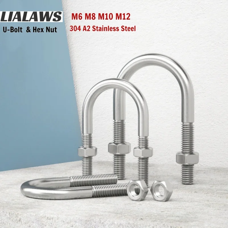 304 A2 Stainless Steel U-Bolt M6 M8 M10 M12 Pipe Clamp U-Type Screw Hex Nut Tube Fixing Fastener for Construction Solar Bracket