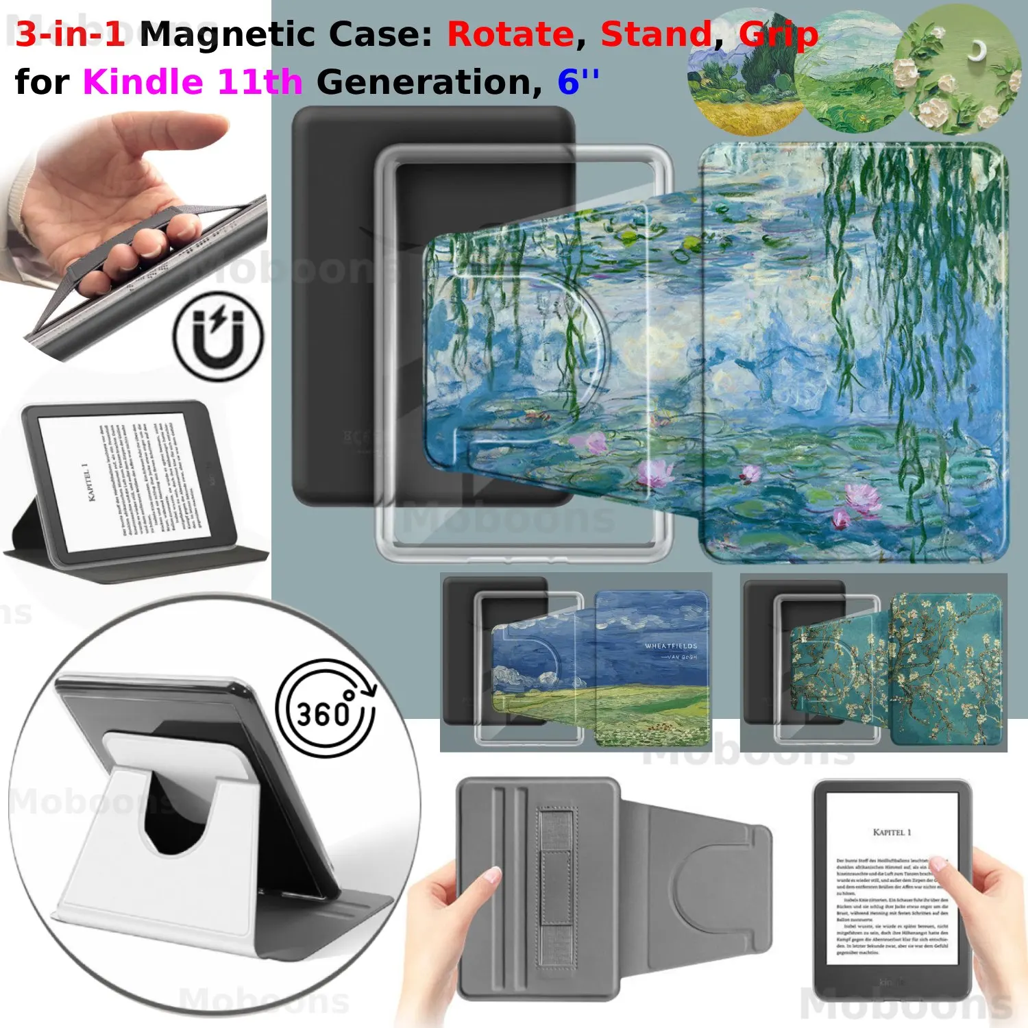 For Kindle 11th Generation Case 6'' 360° Rotatable 3-in-1 Magnetic Detachable Stand Hand Strap RS23CV C2V2L3 Accessories Funda