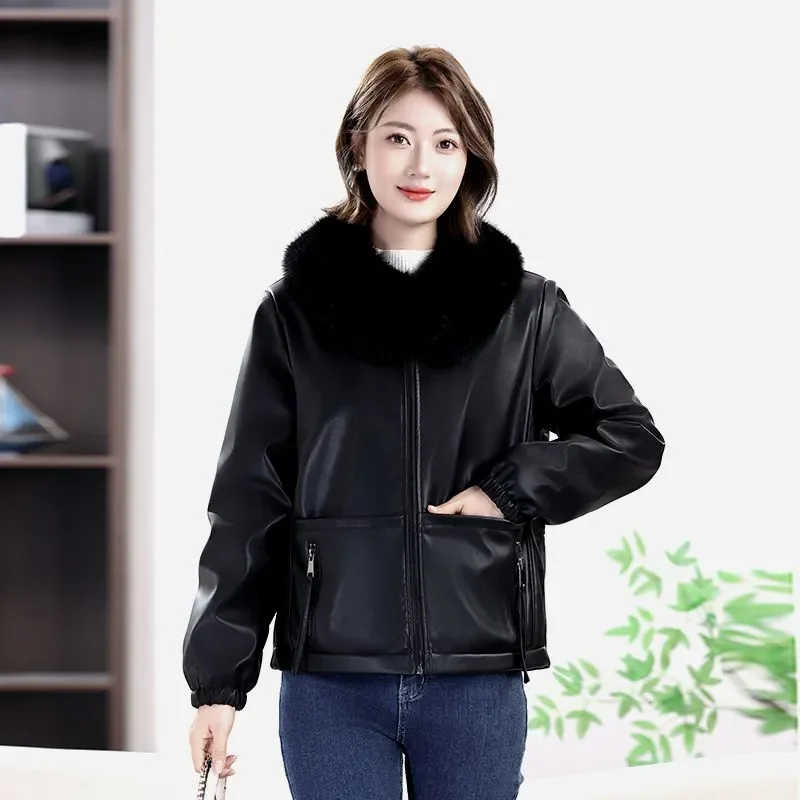 Plus Samt Dicke Leder Jacke Frauen Mantel Herbst Winter Neue Wolle Kragen Lose Mode Chic Warme Leder Jacke Outwear Top