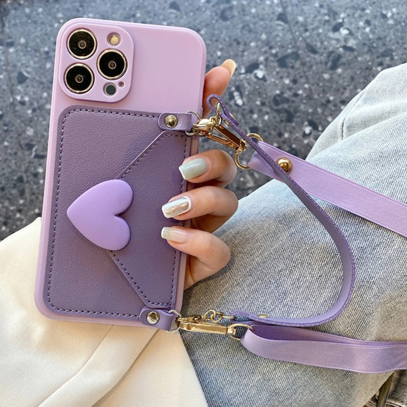 Korean Crossbody Lanyard Necklace Strap Card Holder Purple Case for iPhone 11 15 13 14 Pro Max X XS XR Max Coin Purse Cover