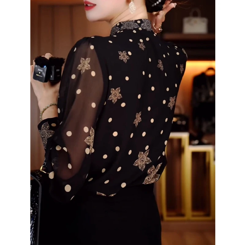 Women Korean Fashion Polka Dot Print Blouse Office Lady Vintage Elegant Commute Button Shirt Stand Collar Long Sleeve Loose Tops