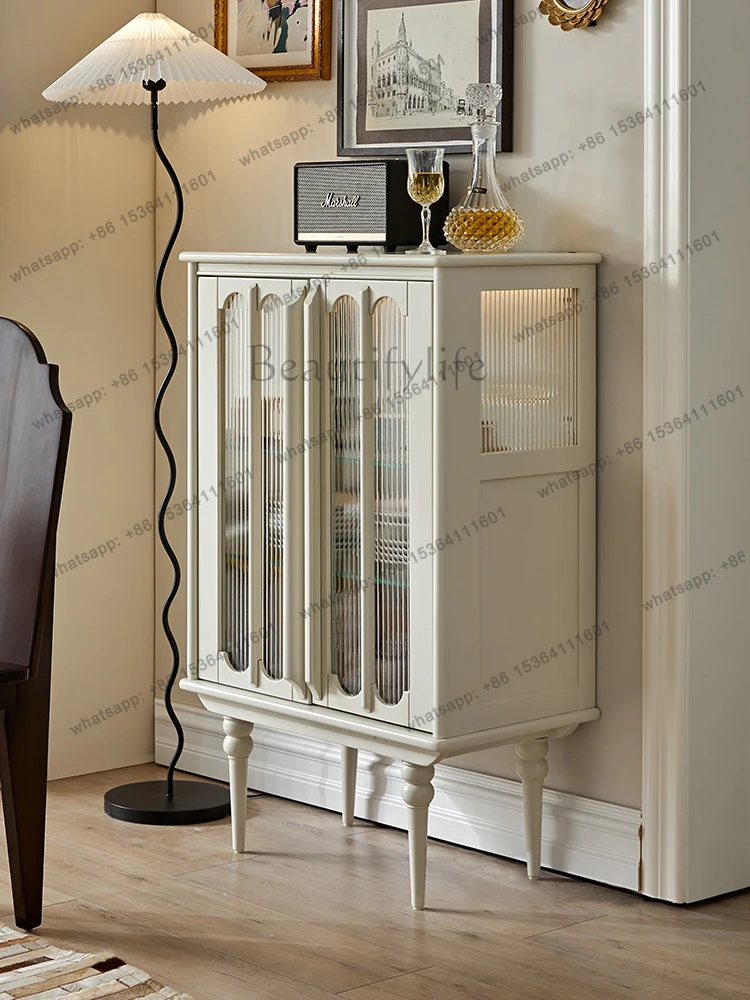 

French cream solid wood side cabinet double door dining side retro living room storage high side cabinet