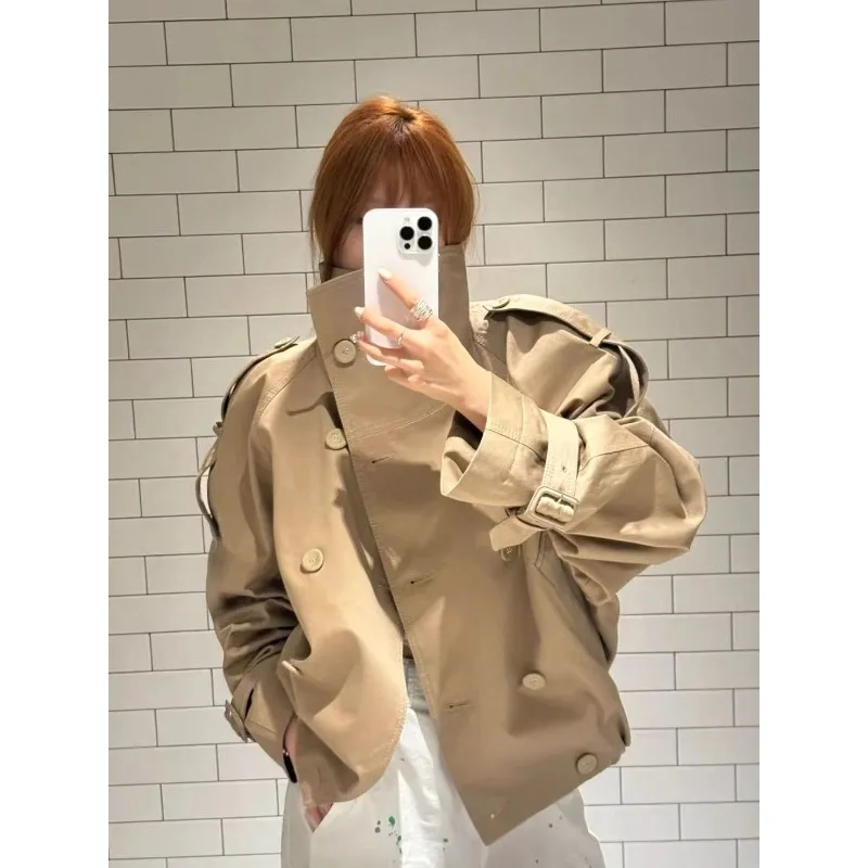 

Women's 2026 Autumn New Jacket Trend Female Clothing Slant Collar Double Breasted High-end Short Windbreaker
