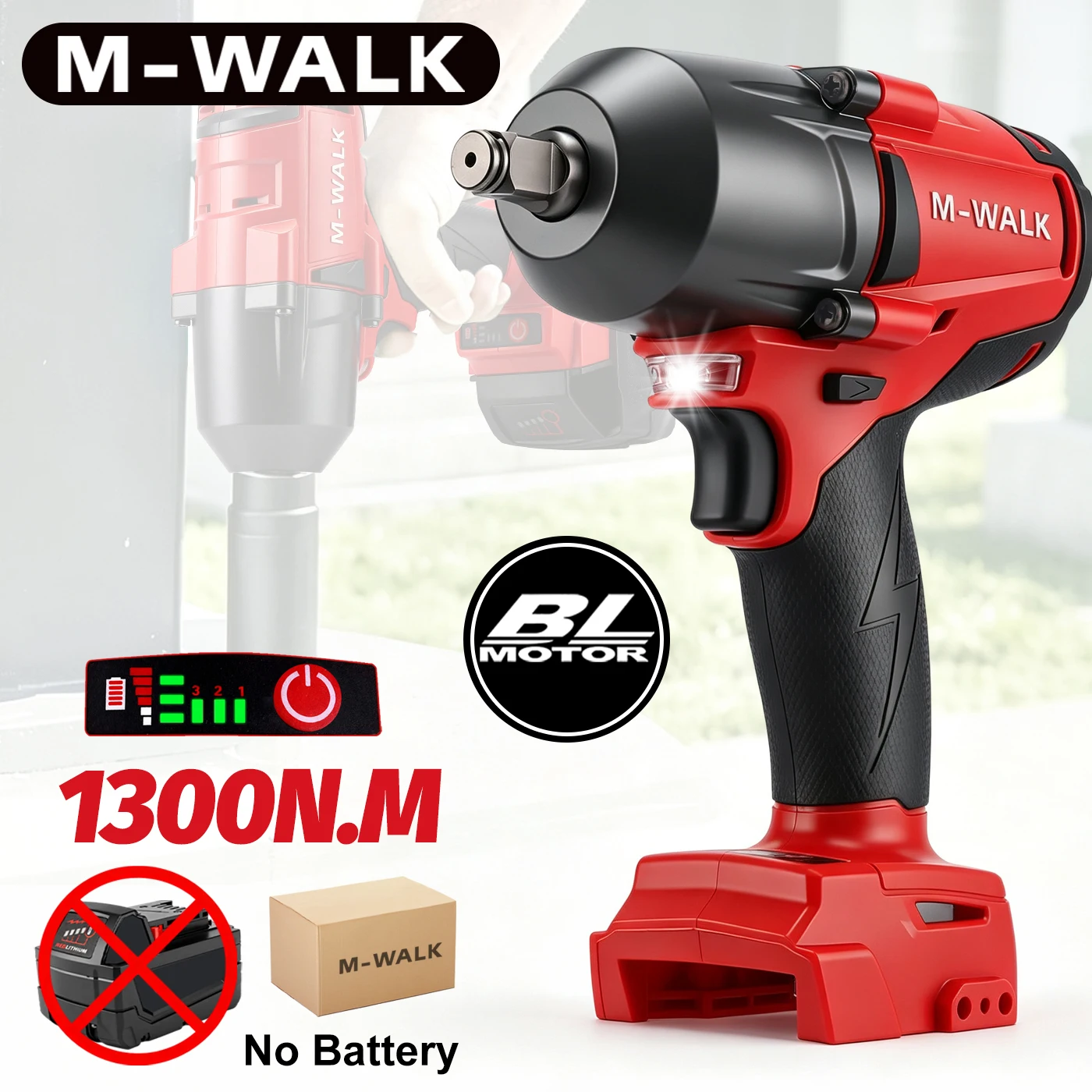 M-WALK 1300N.M Brushless Electric Impact Wrench 1/2in Screwdriver Cordless Car Truck Repair Screwdriver For 18V Battery
