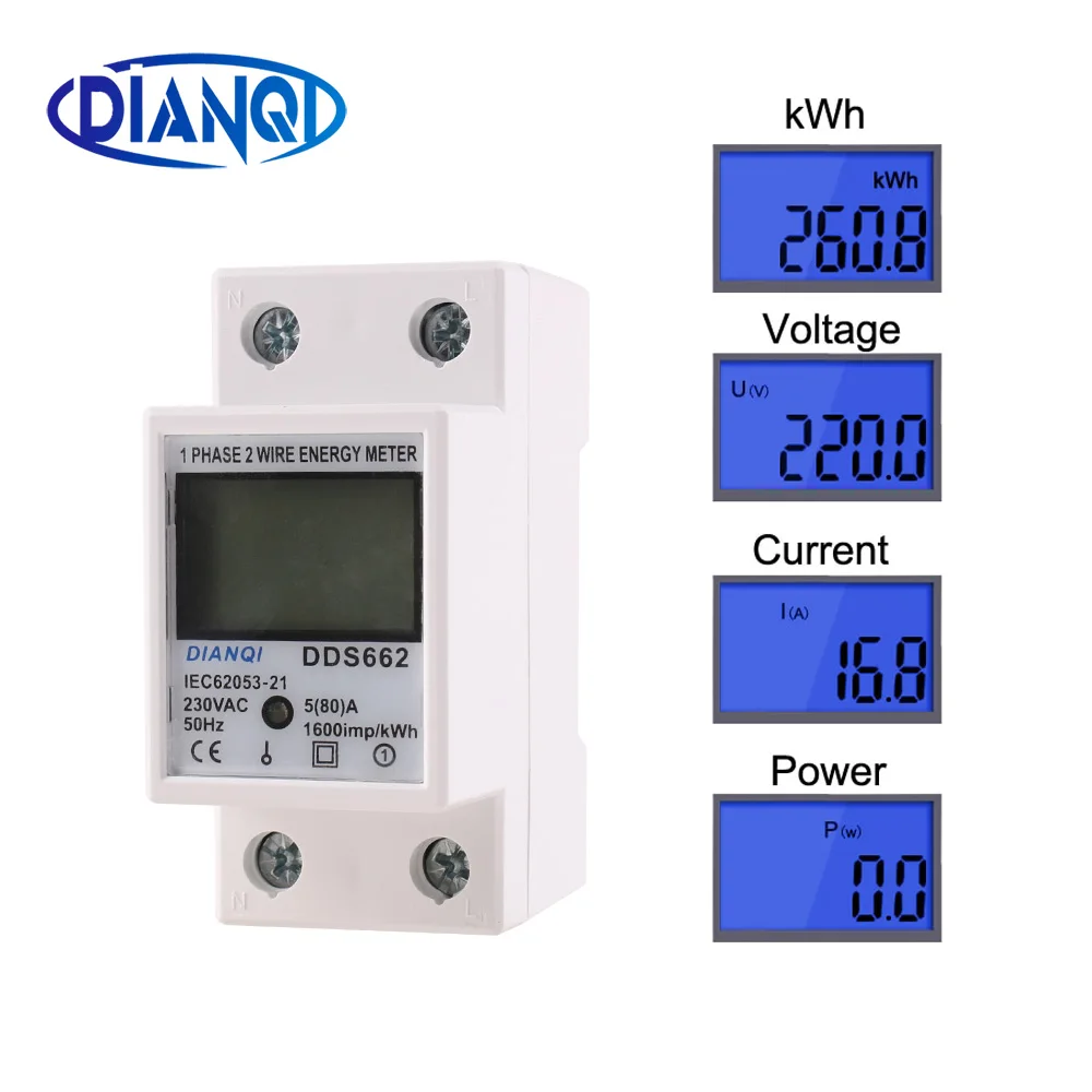 Single Phase LCD Digital Display Wattmeter Power Consumption Energy Meter kWh 230V Electric Din Rail Backlight