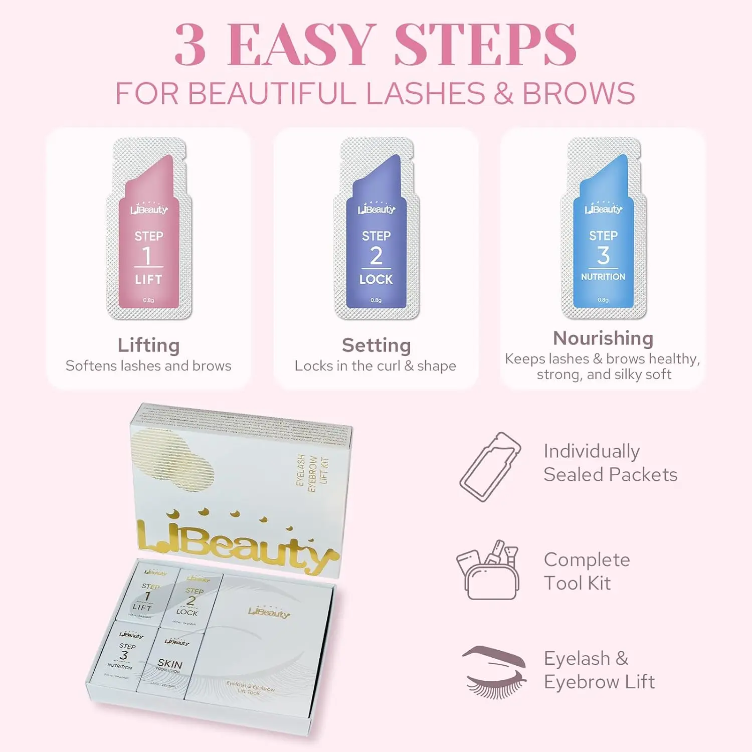Libeauty Lash Lift & Brow Lamination Kit Set Sachet Gentle Formula Upgraded Complete Tool Glue Balm Sachet Lotion and Premium