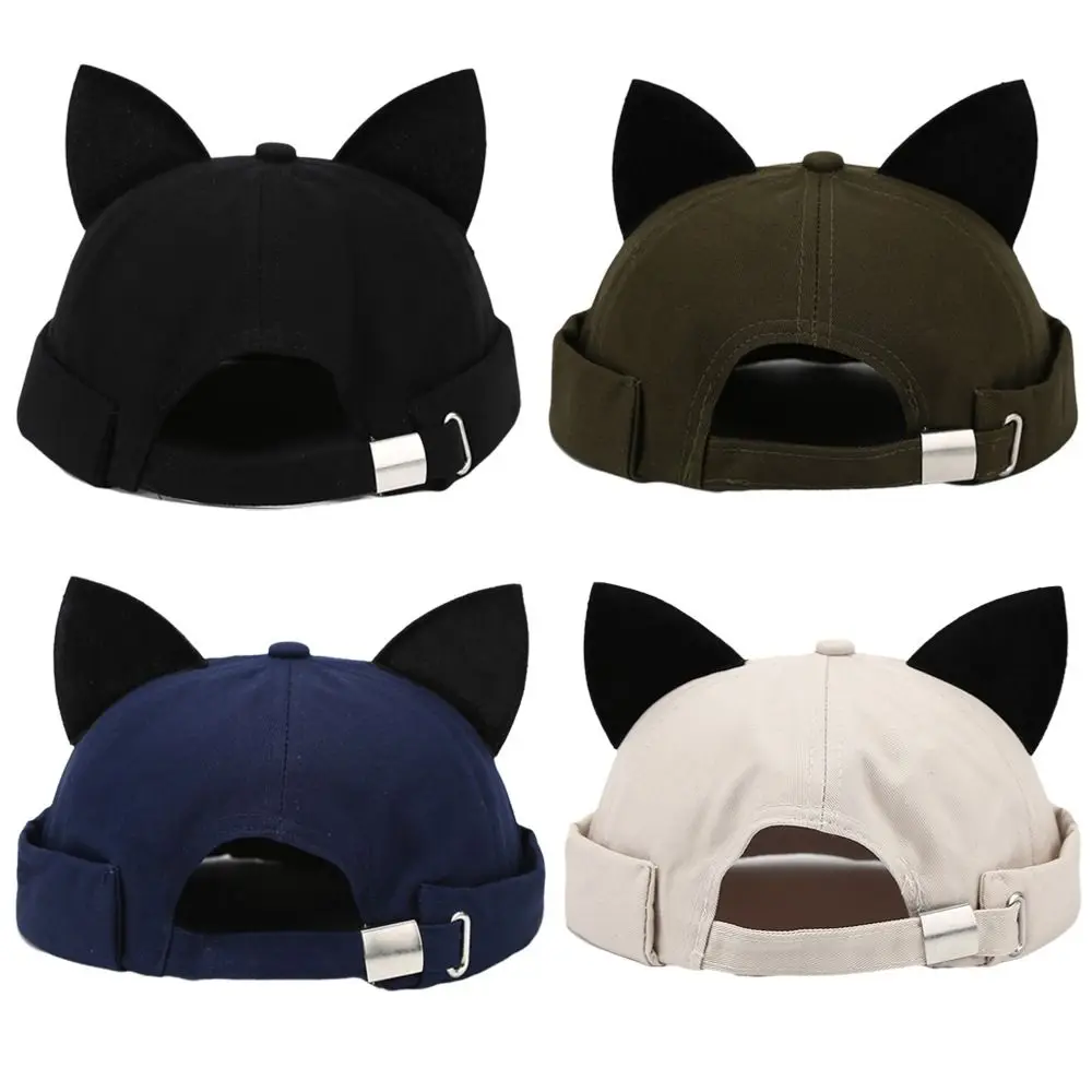 Cute Leopard Print Cat Ears Brimless Hat Rolled Cuff Solid Color Melon Docker Cap Adjustable Retro Skullcap Outdoor
