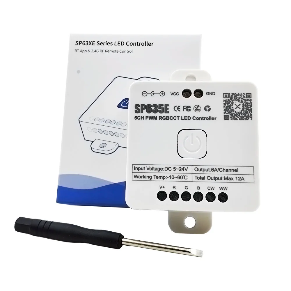 

SP635E RGBCCT 5-канальный светодиодный контроллер Интеллектуальная музыка Bluetooth Управление через приложение Используется в подключении с пультом дистанционного управления RC4/RB4 DC5-24V