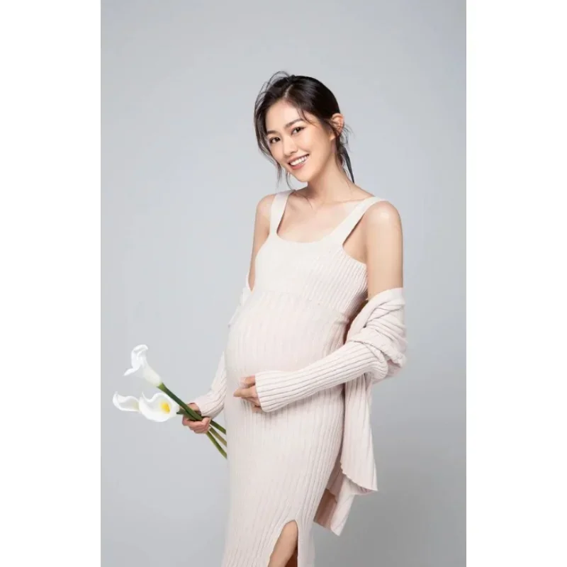 Summer New Fashion Knitted Cardigan Skirt Set Maternity Art Photo Cotton Solid Color Dress Maternity Photography Props Clothing