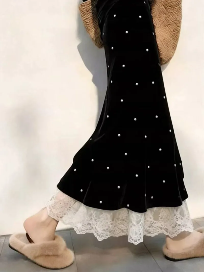 2026 New Spring Women's High Waist A-Line Skirt, Gorgeous 3D Pearl Bead & Lace Patchwork Slimming Casual Ladies Skirt