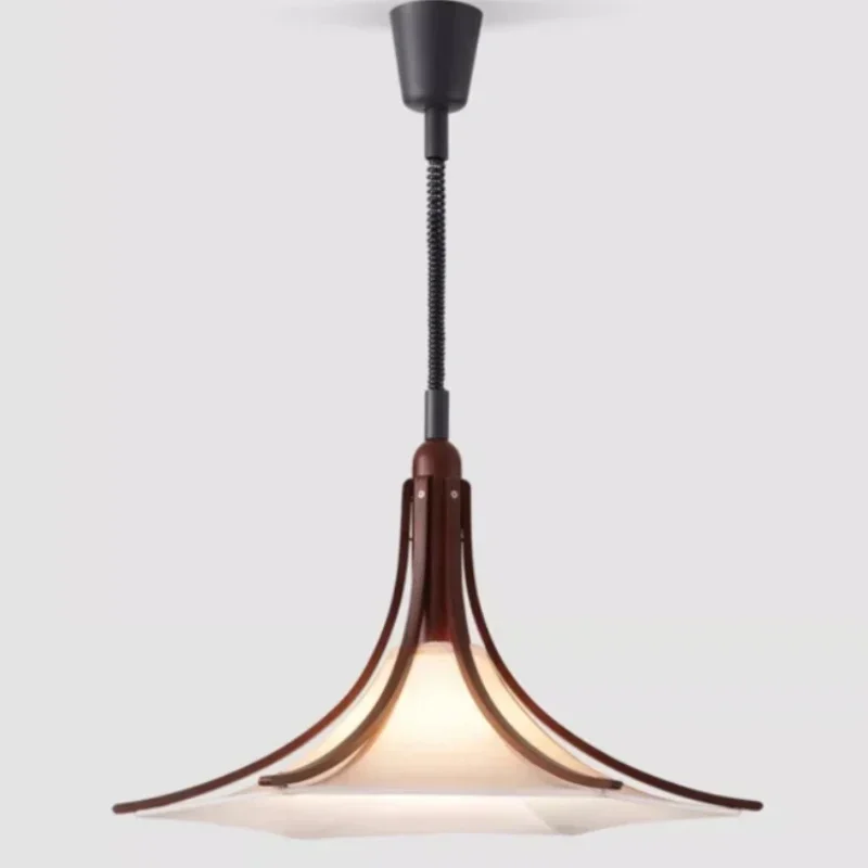 SANDYHA Retro Lifting Pendant Light Solid Wood Fabric Chandeliers LED Hanging Lamp For Living Room Dining Table Home Decoration