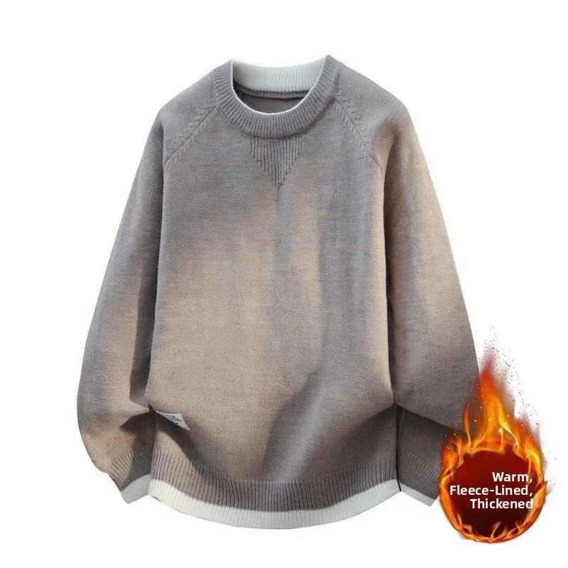 

Мужской вязаный свитер с круглым вырезом, на флисовой подкладке, теплый, зимний, модный, повседневный, универсальный, из полиэфирного волокна, с длинными рукавами