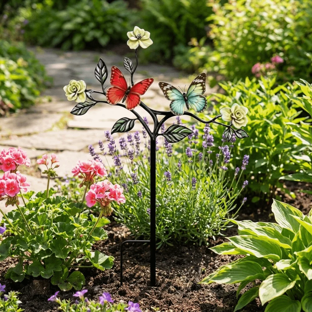 Decorative 2D Flat Red Bird Garden Stake Iron Handmade Metal Garden Stake Animals Pattern Funny Outdoor Yard Art Yard Ornament