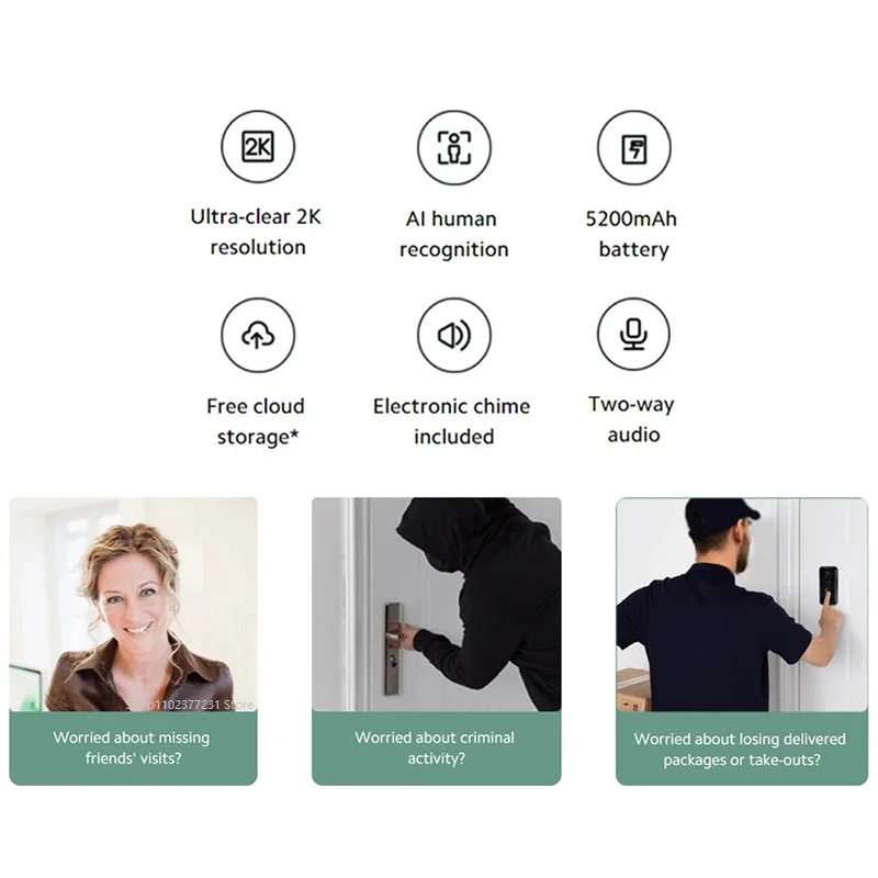جديد Xiaomi جرس الباب الذكي 3 CN الإصدار 2K الترا HD للرؤية الليلية جرس باب يتضمن شاشة عرض فيديو بطارية طويلة AI التعرف على الإنسان لتطبيق Mi home #3