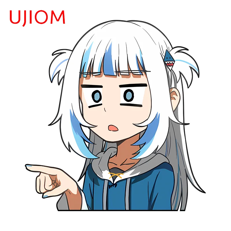 UJIOM Gawr Gura Shark Wall Sticker Mind Struck Q-style Blue Hooded Sweatshirt Finger Points To Left Decal Suitable For Computer